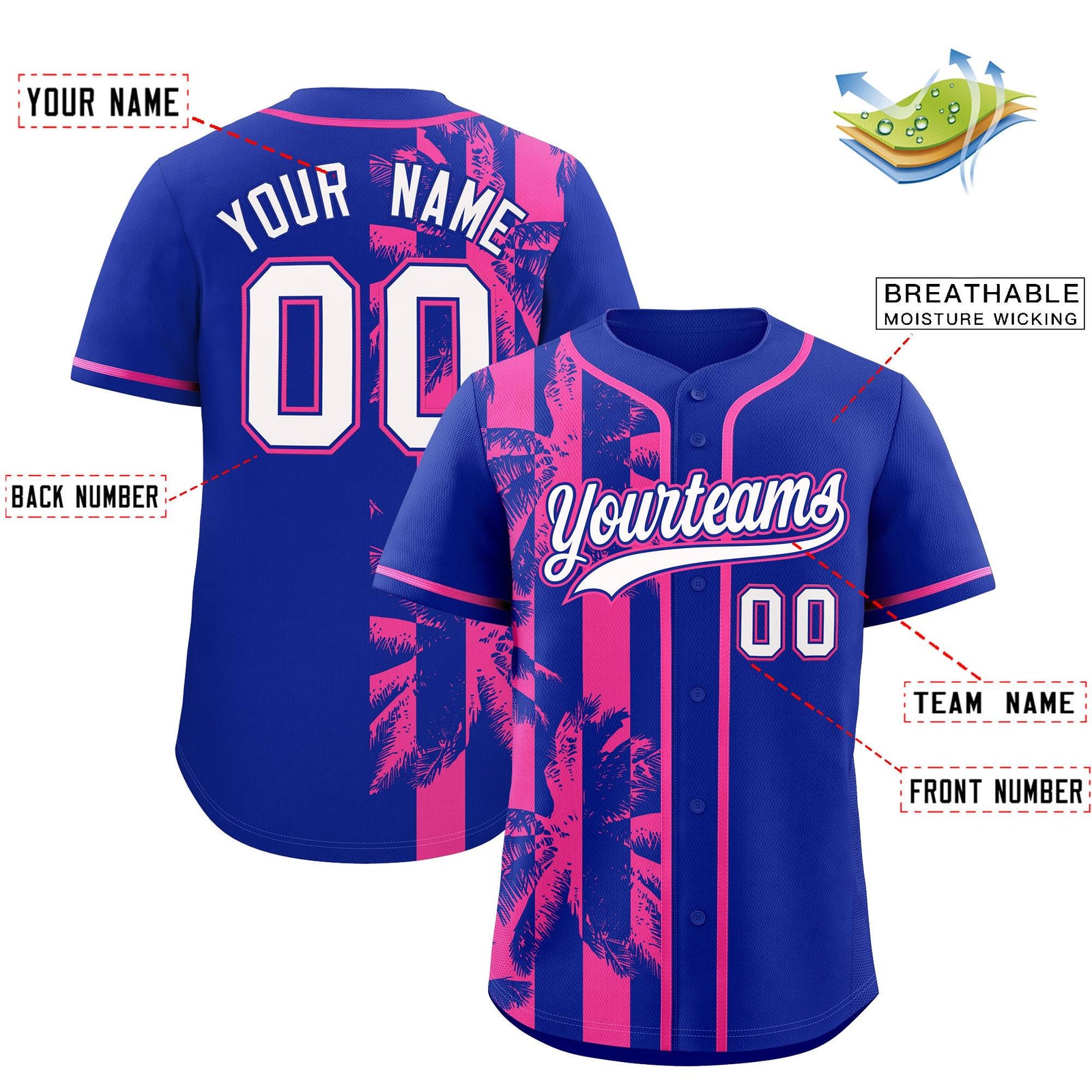Custom Royal Pink Split Fashion Coconut Tree Design Authentic Baseball Jersey