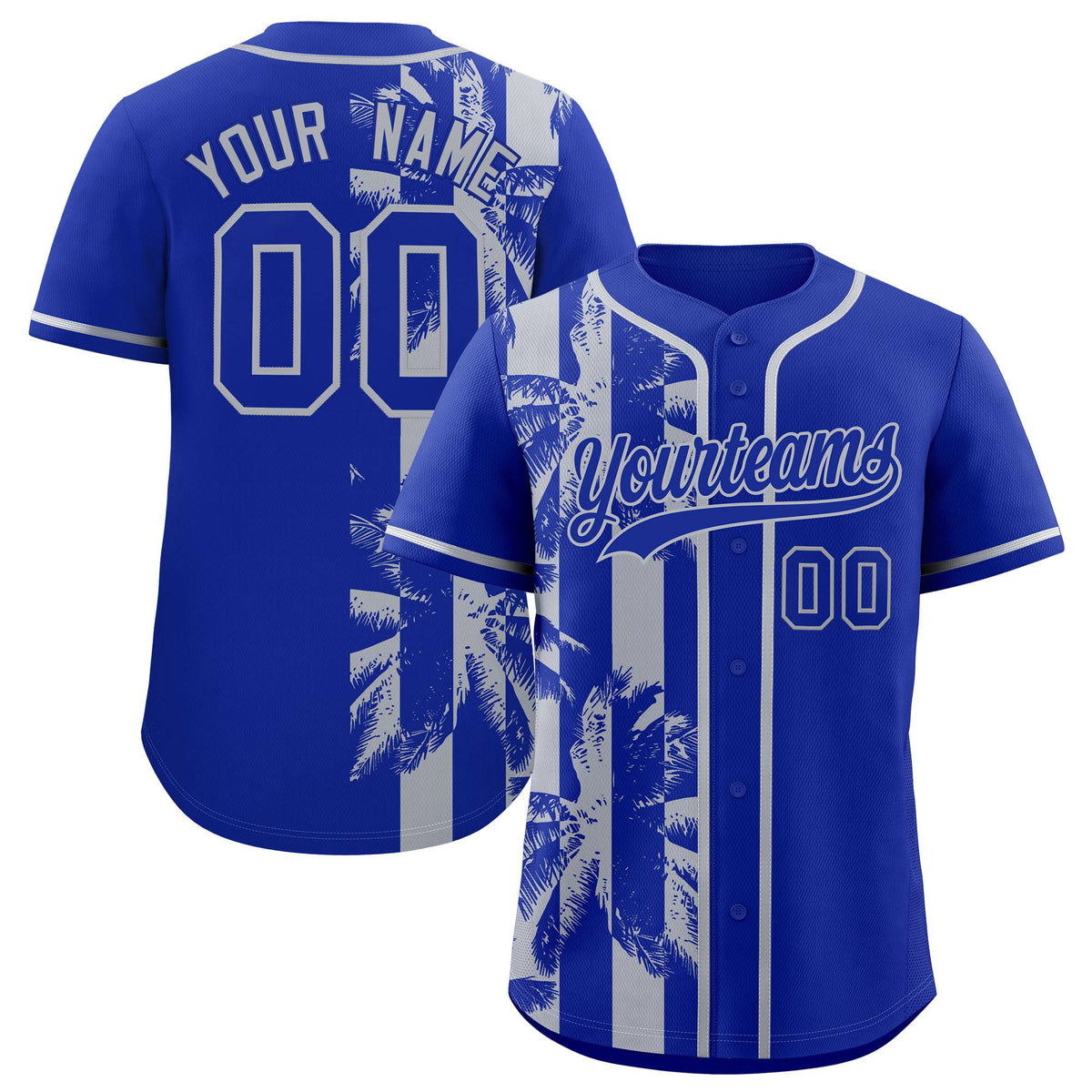 Custom Royal Gray Split Fashion Coconut Tree Design Authentic Baseball Jersey
