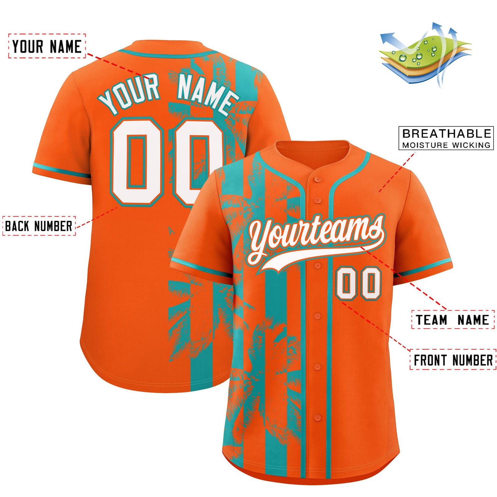 Custom Orange Aqua Split Fashion Coconut Tree Design Authentic Baseball Jersey