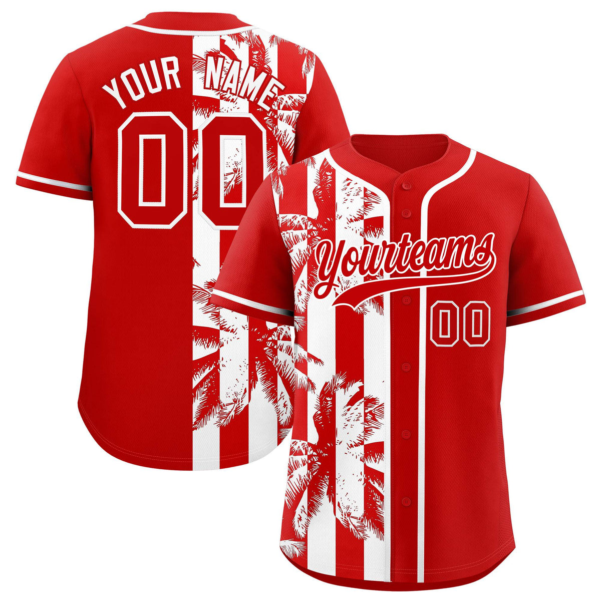 Custom Red White Split Fashion Coconut Tree Design Authentic Baseball Jersey