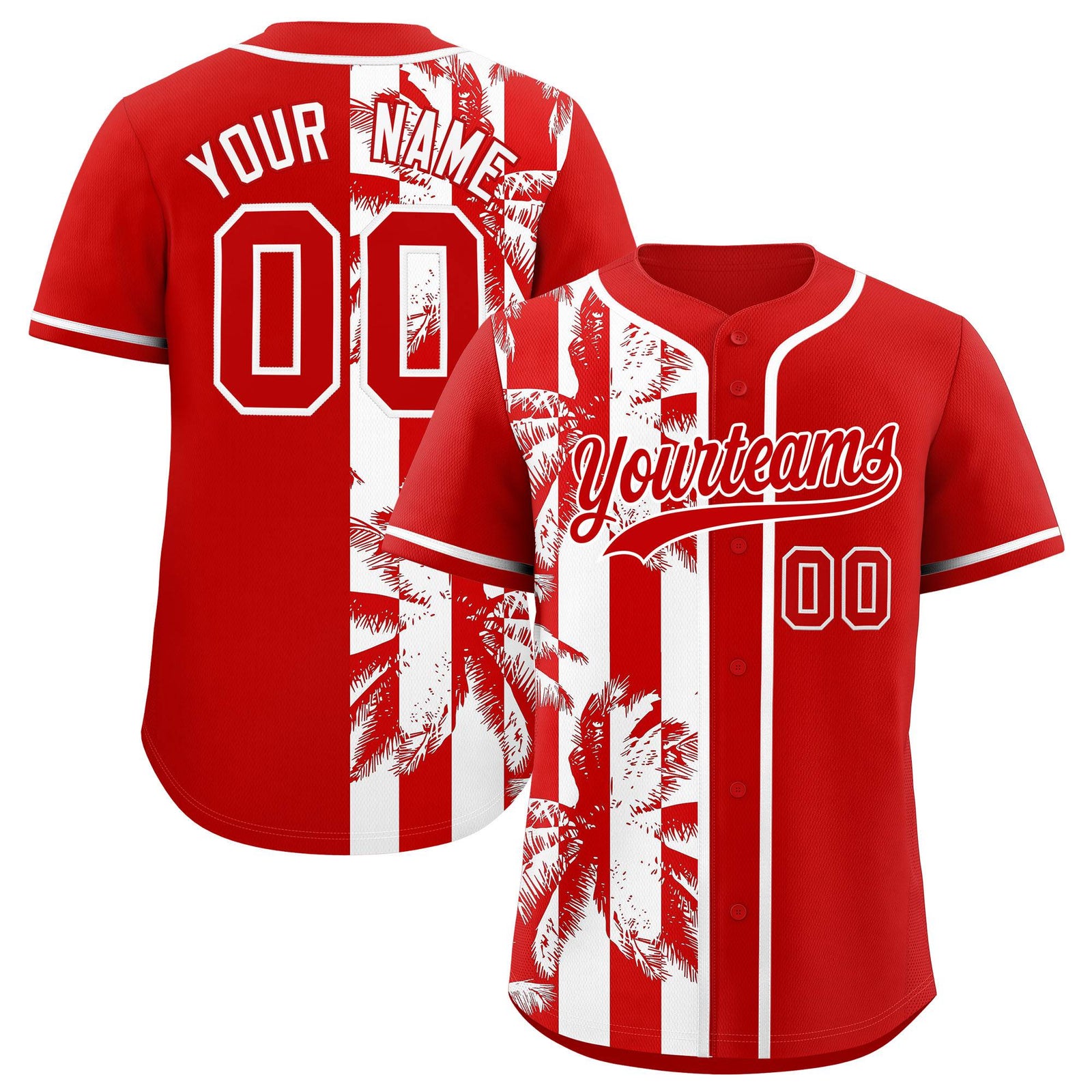 Custom Red White Split Fashion Coconut Tree Design Authentic Baseball Jersey