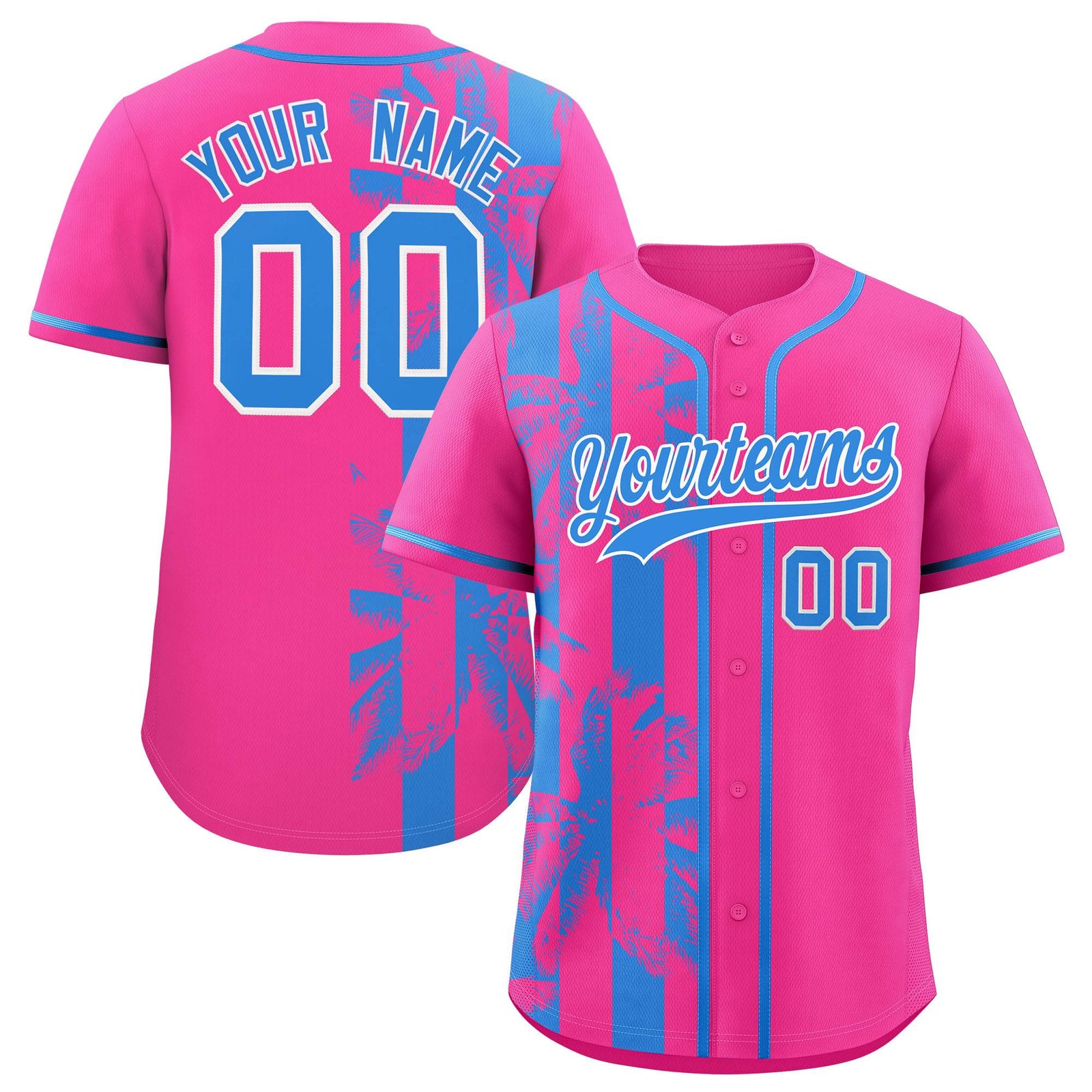 Custom Pink Powder Blue Split Fashion Coconut Tree Design Authentic Baseball Jersey