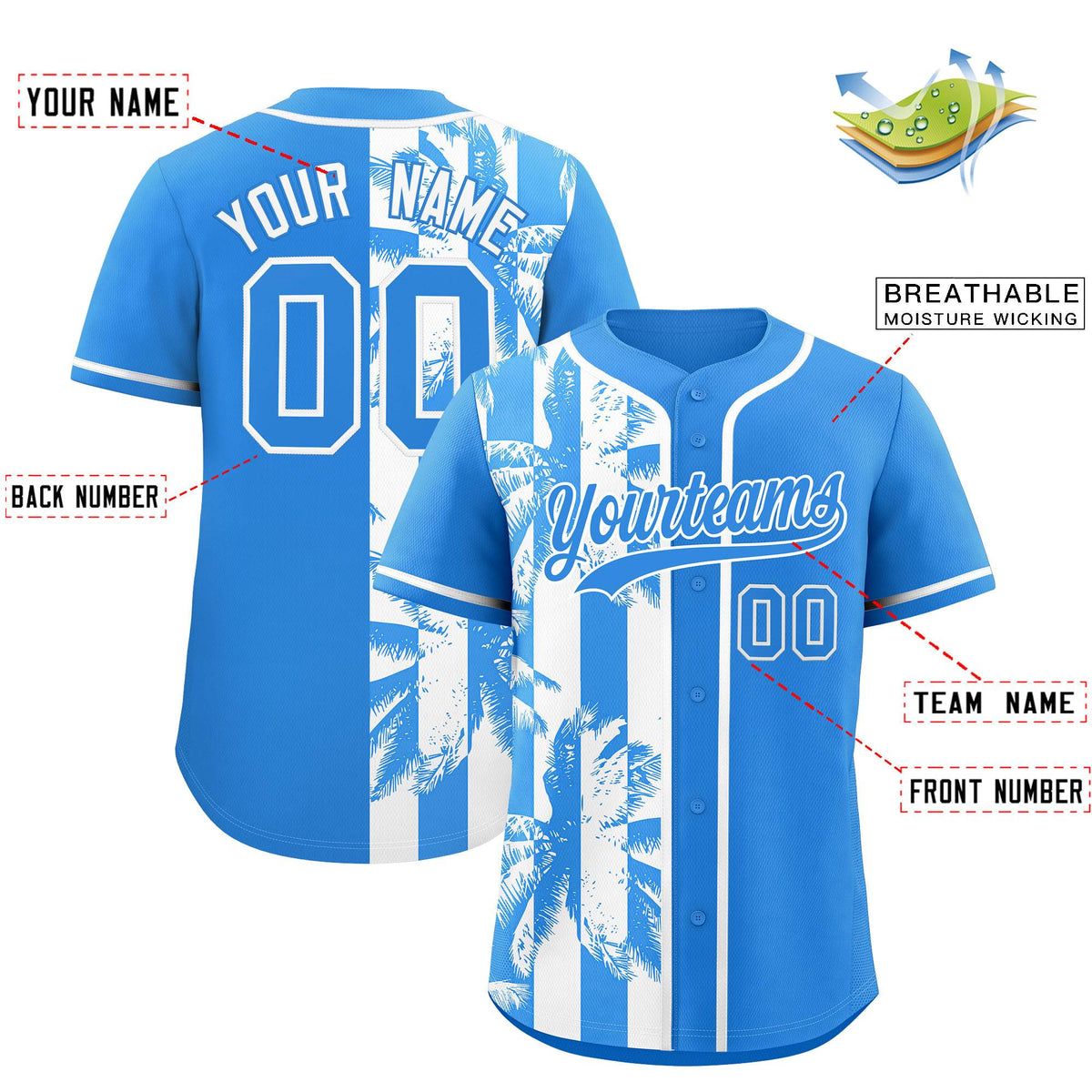 Custom Powder Blue White Split Fashion Coconut Tree Design Authentic Baseball Jersey
