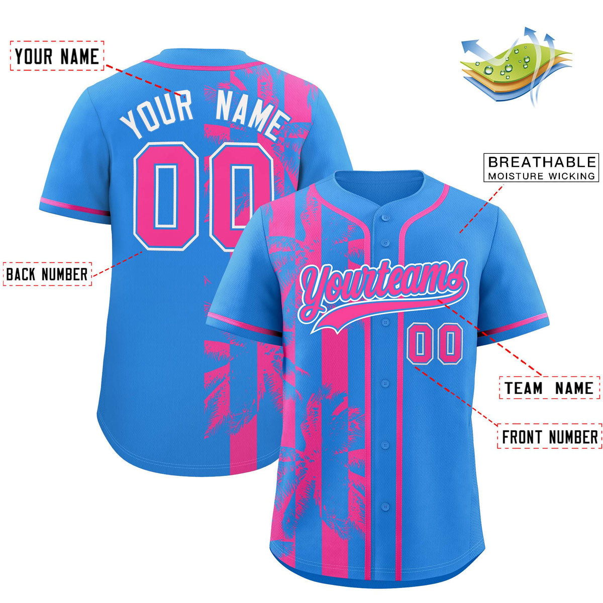 Custom Powder Blue Pink Split Fashion Coconut Tree Design Authentic Baseball Jersey