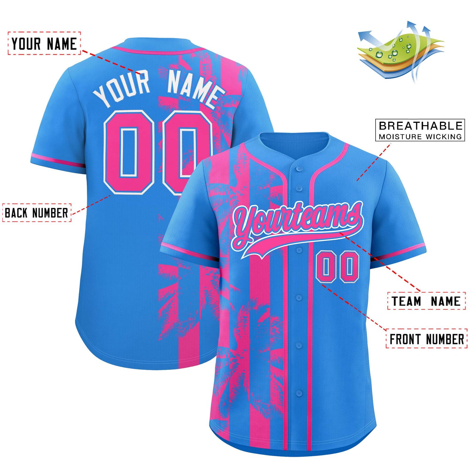 Custom Powder Blue Pink Split Fashion Coconut Tree Design Authentic Baseball Jersey