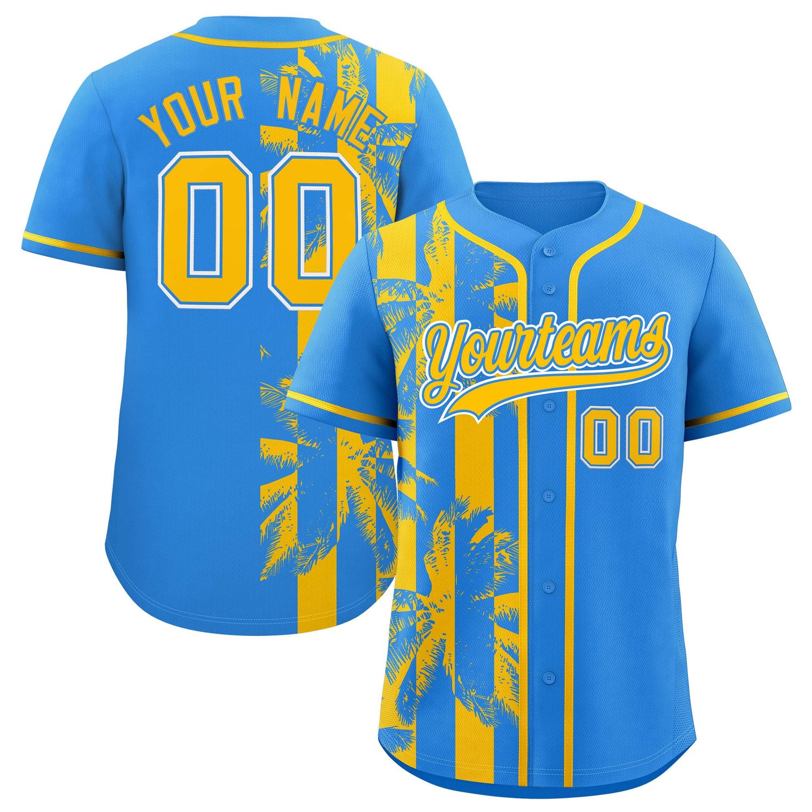 Custom Powder Blue Yellow Split Fashion Coconut Tree Design Authentic Baseball Jersey