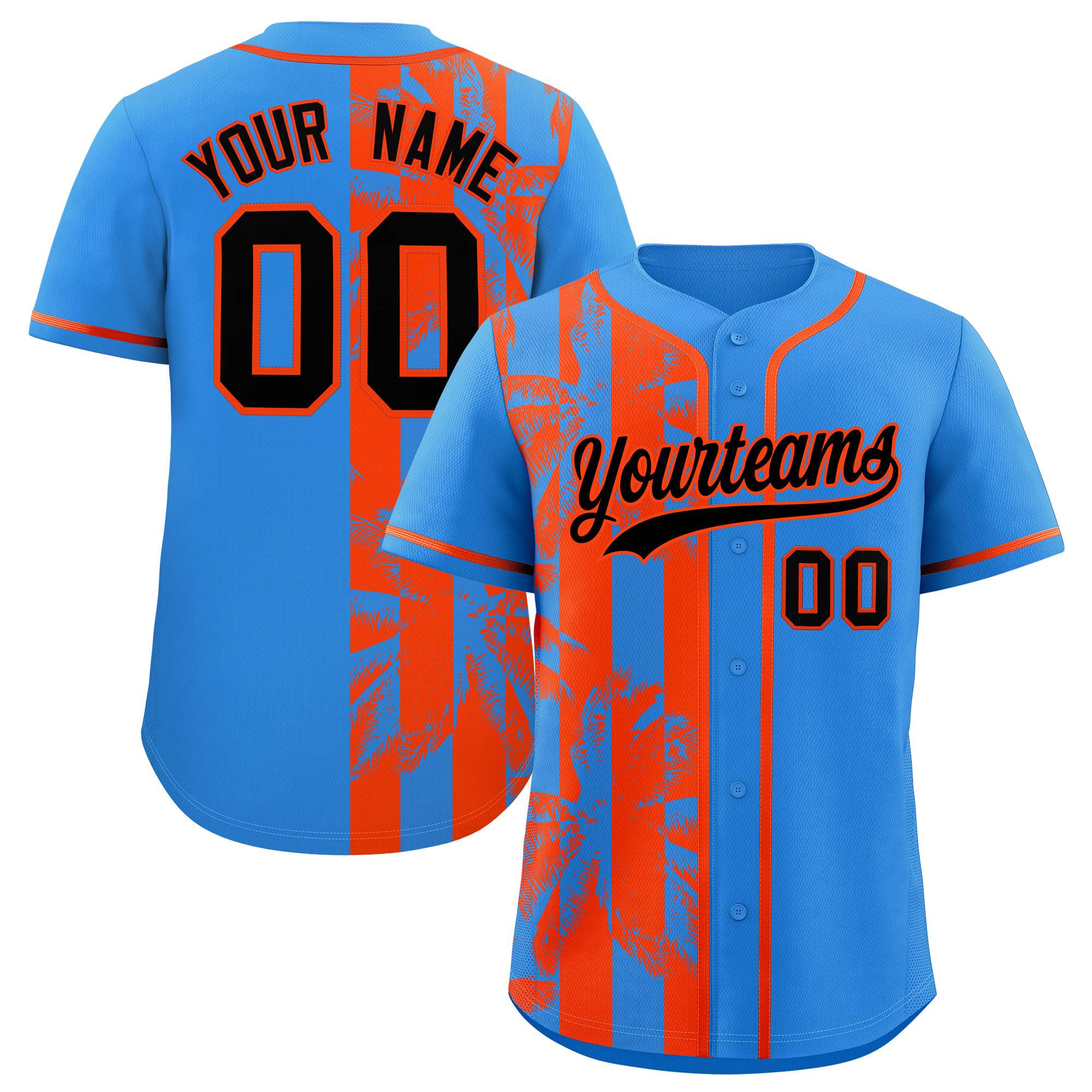 Custom Powder Blue Orange Split Fashion Coconut Tree Design Authentic Baseball Jersey