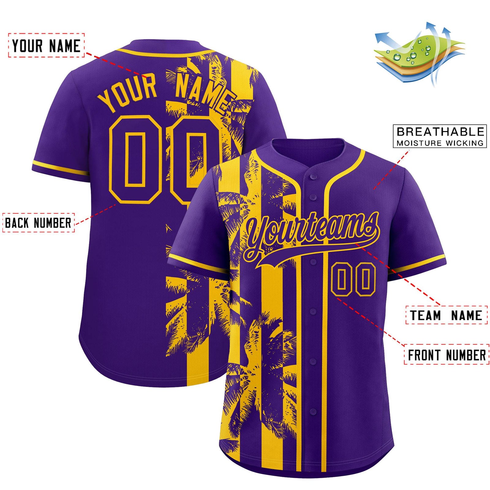 Custom Purple Yellow Split Fashion Coconut Tree Design Authentic Baseball Jersey