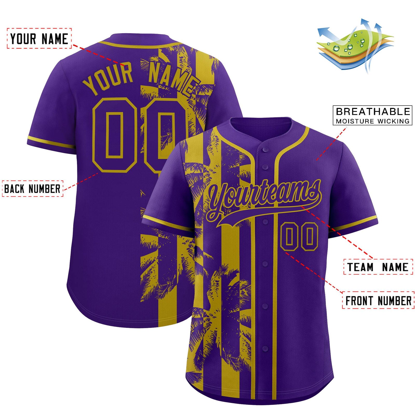 Custom Purple Old Gold Split Fashion Coconut Tree Design Authentic Baseball Jersey