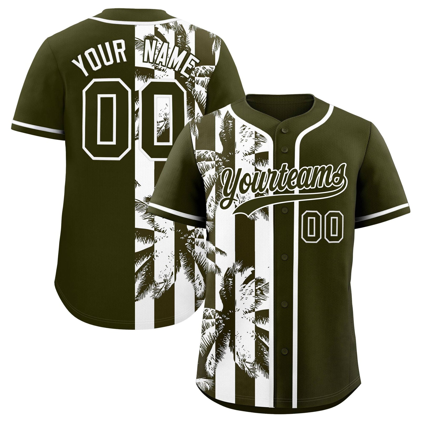 Custom Olive White Split Fashion Coconut Tree Design Authentic Baseball Jersey