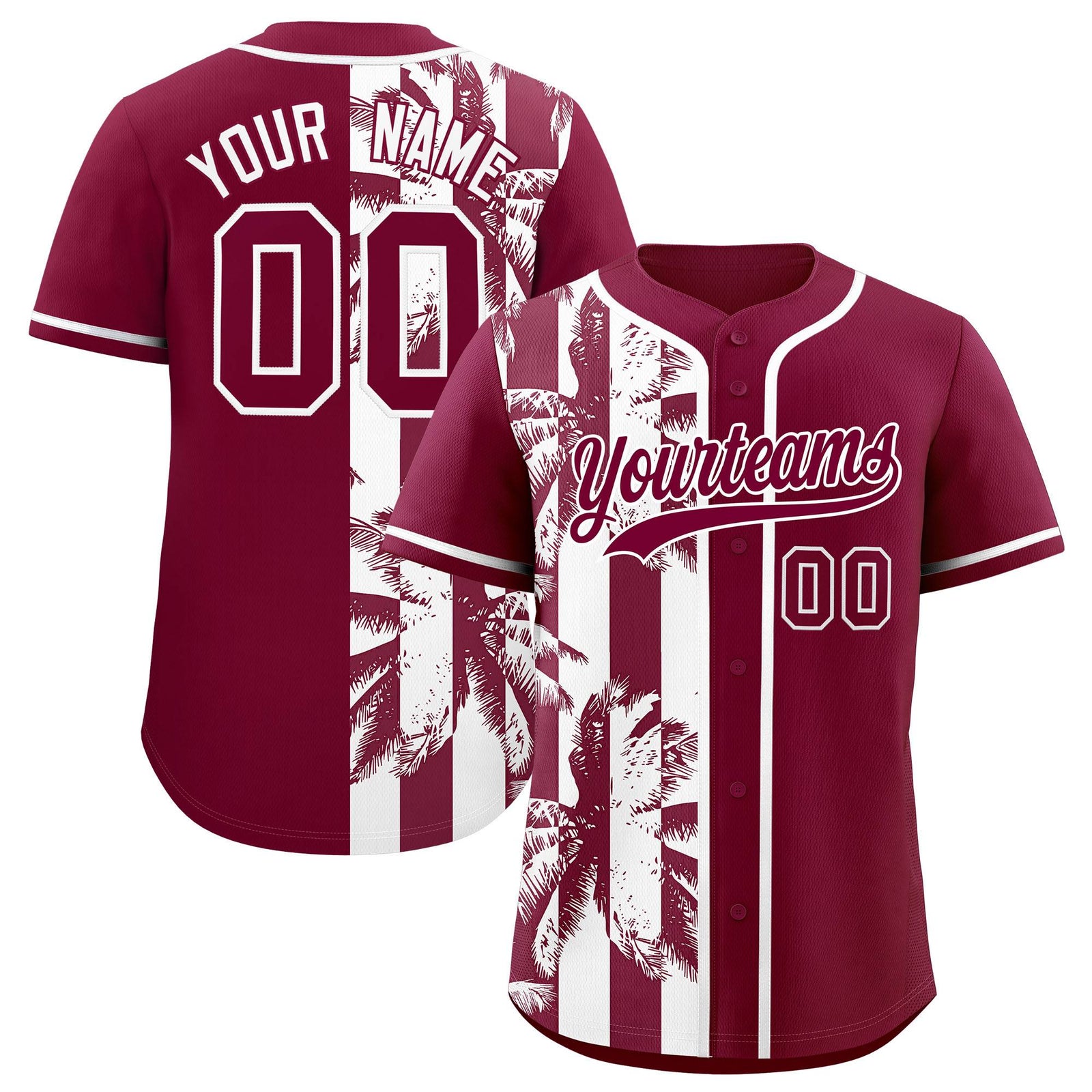 Custom Crimson White Split Fashion Coconut Tree Design Authentic Baseball Jersey