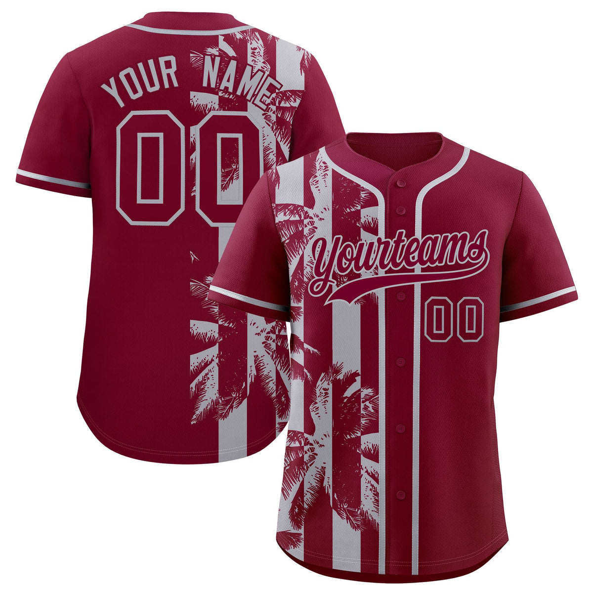 Custom Crimson Gray Split Fashion Coconut Tree Design Authentic Baseball Jersey