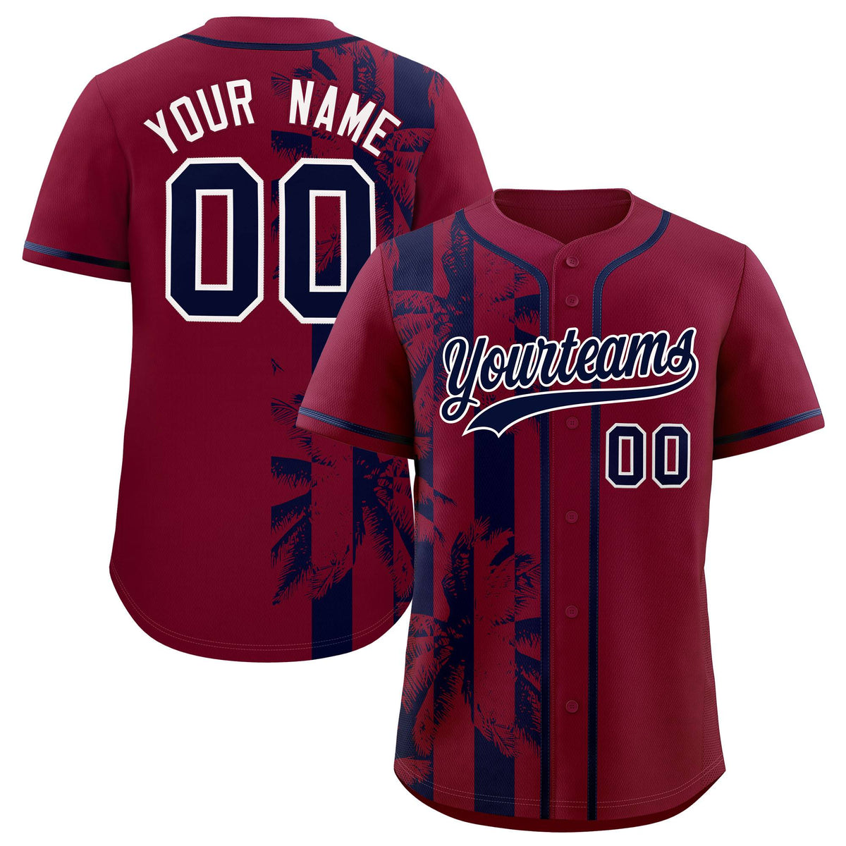 Custom Crimson Navy Split Fashion Coconut Tree Design Authentic Baseball Jersey