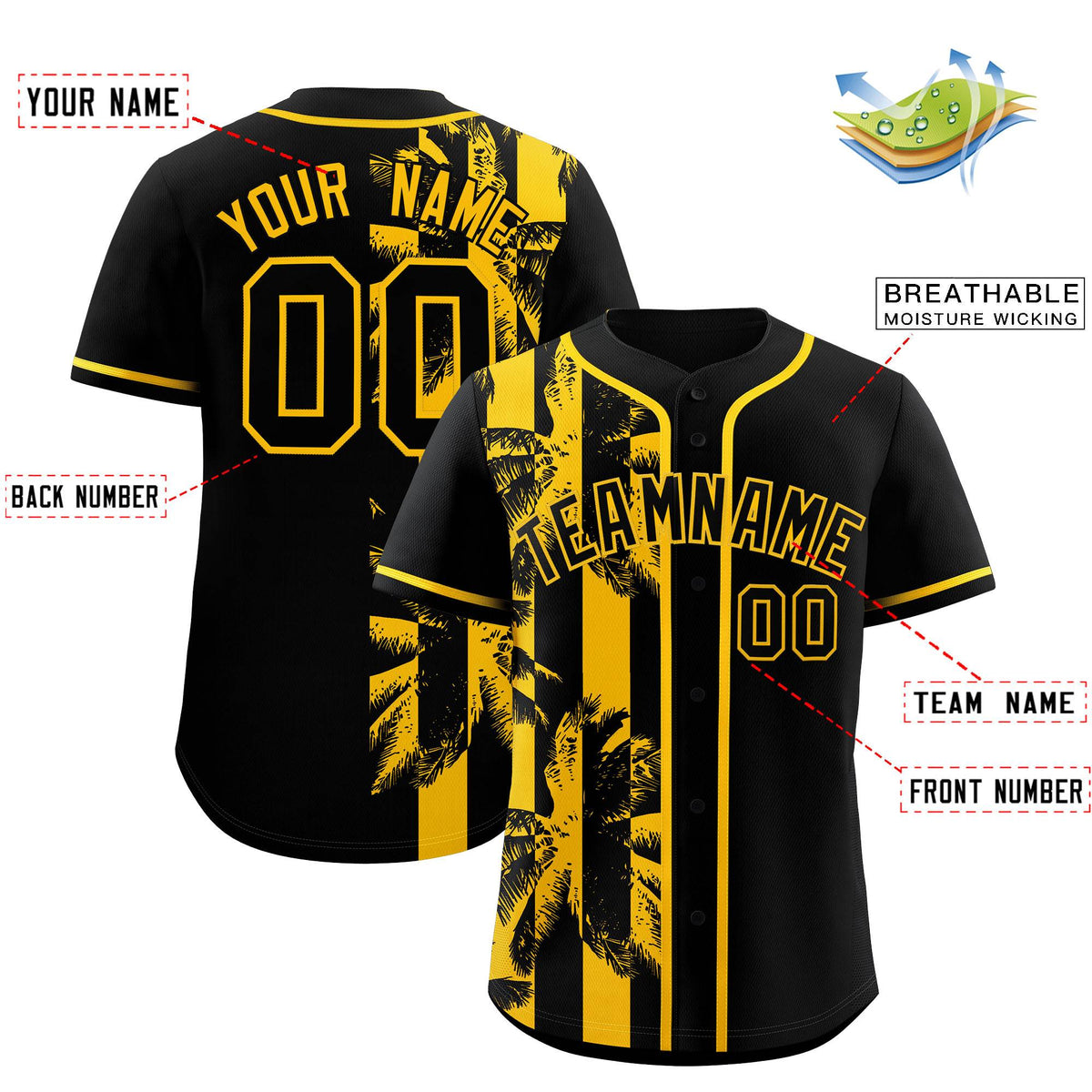 Custom Black Yellow Split Fashion Coconut Tree Design Authentic Baseball Jersey