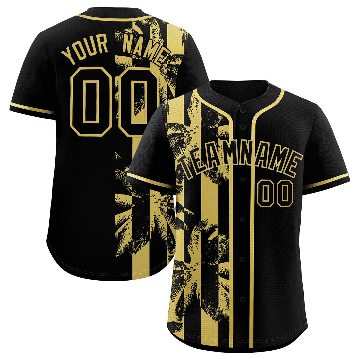 Custom Black Old Gold Split Fashion Coconut Tree Design Authentic Baseball Jersey