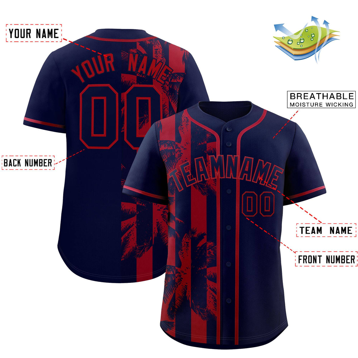 Custom Navy Red Split Fashion Coconut Tree Design Authentic Baseball Jersey