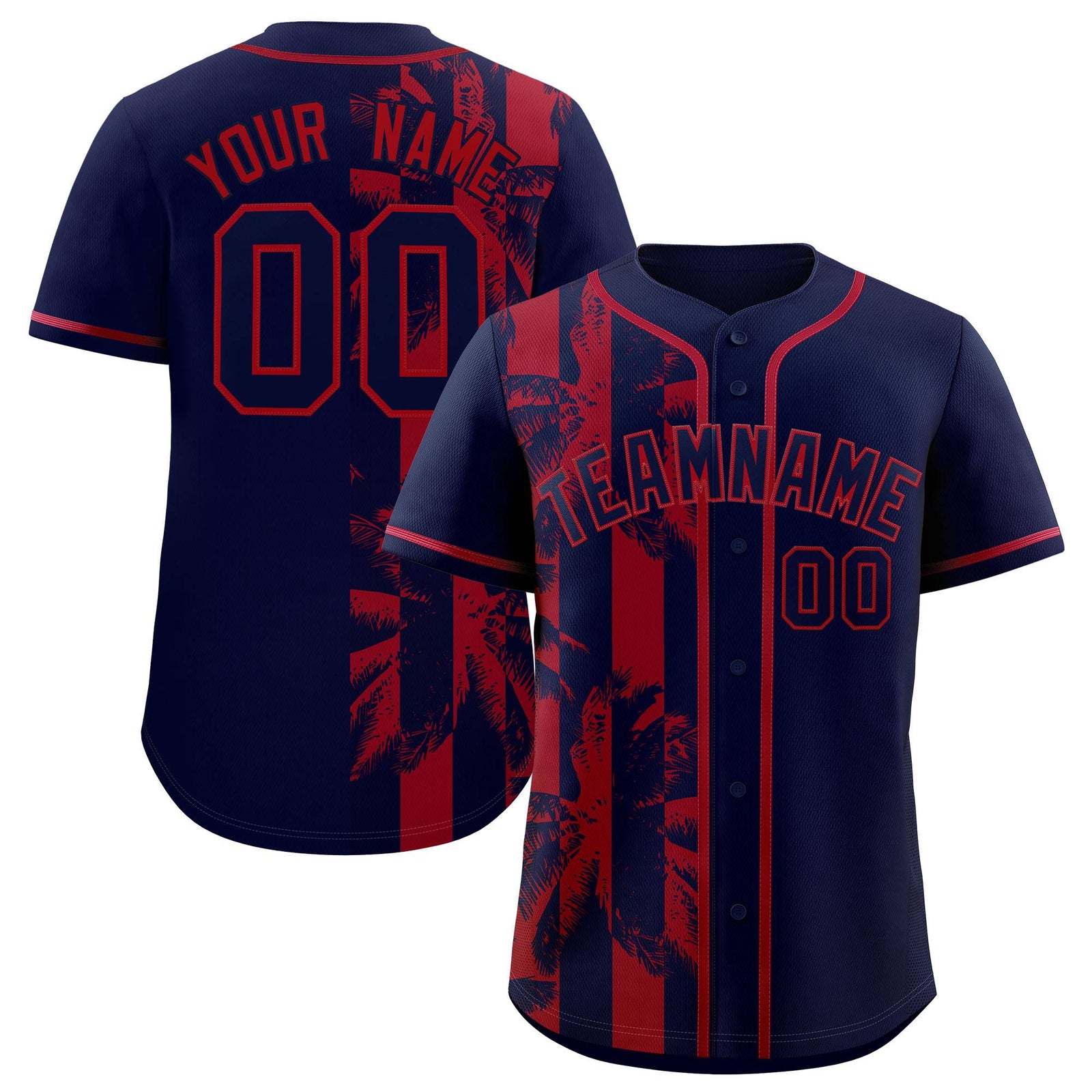 Custom Navy Red Split Fashion Coconut Tree Design Authentic Baseball Jersey