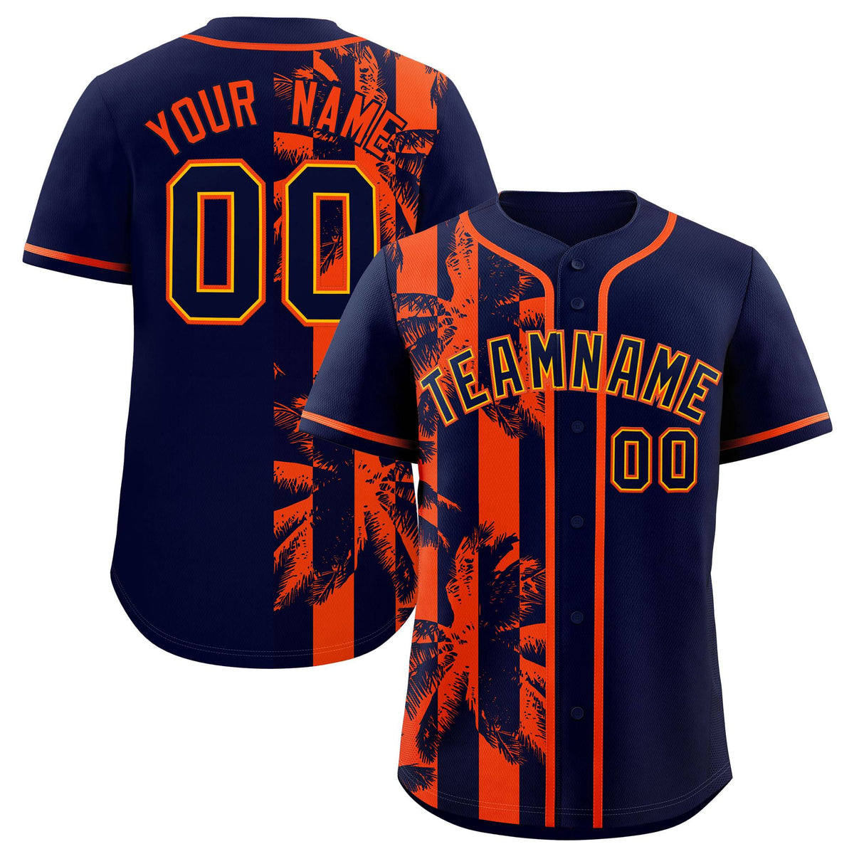 Custom Navy Orange Split Fashion Coconut Tree Design Authentic Baseball Jersey