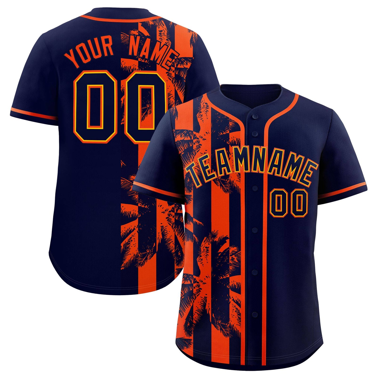 Custom Navy Orange Split Fashion Coconut Tree Design Authentic Baseball Jersey