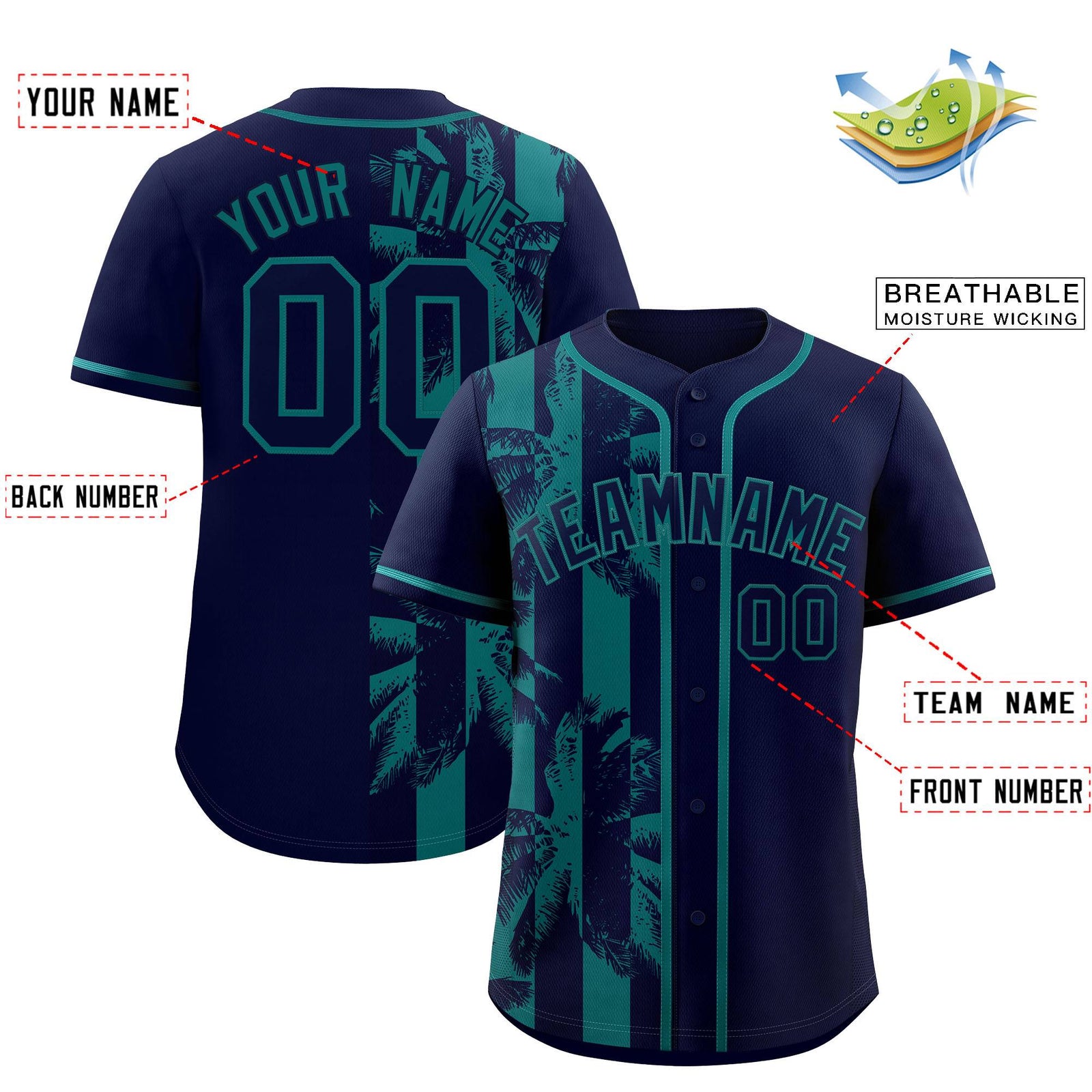 Custom Navy Aqua Split Fashion Coconut Tree Design Authentic Baseball Jersey
