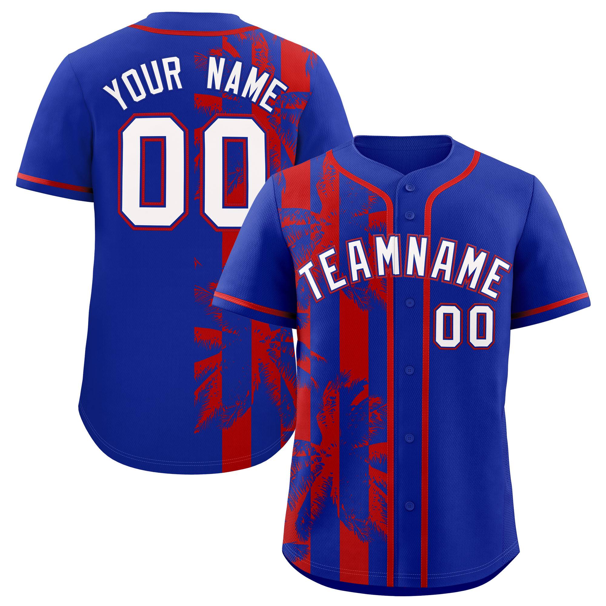 Custom Royal Red Split Fashion Coconut Tree Design Authentic Baseball Jersey