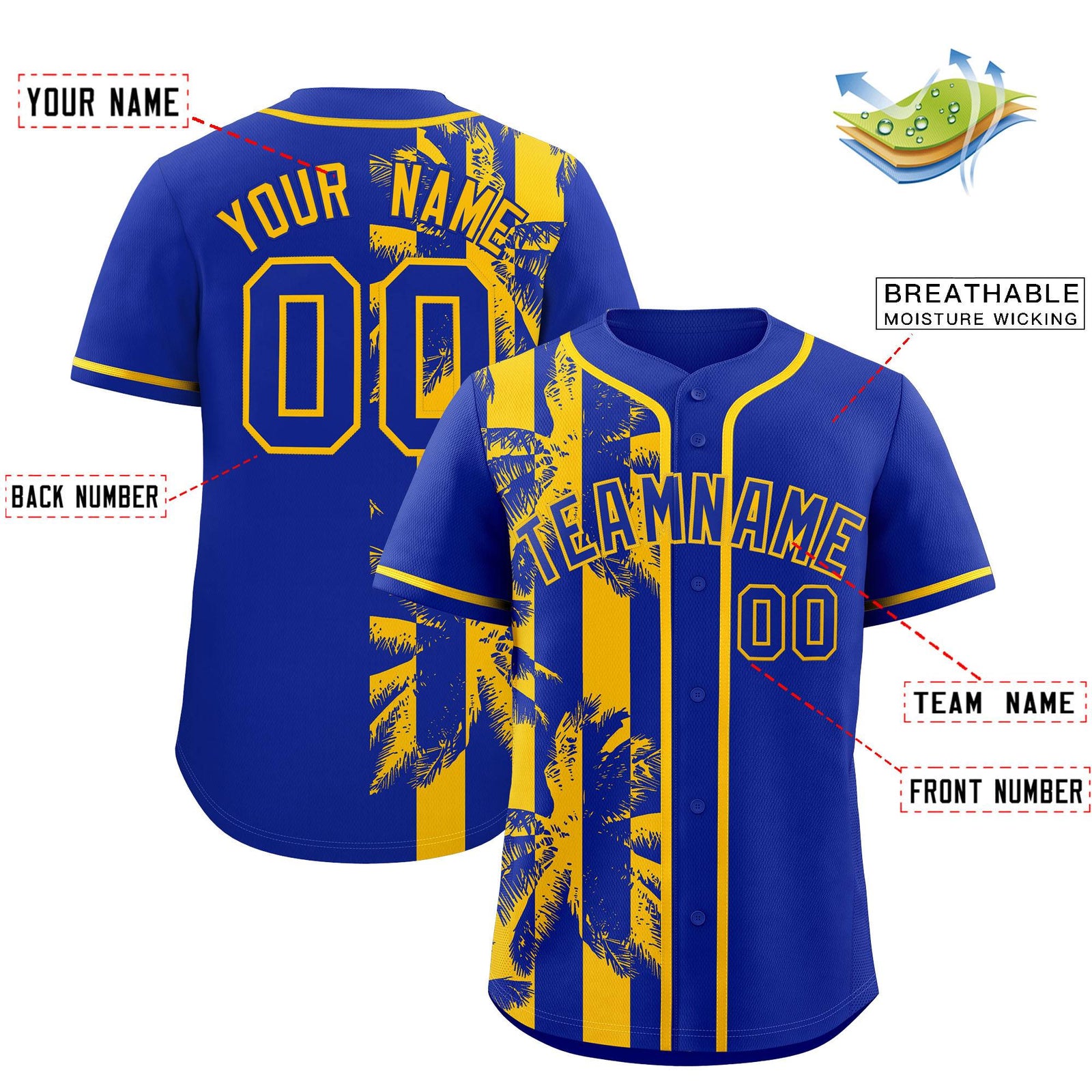 Custom Royal Yellow Split Fashion Coconut Tree Design Authentic Baseball Jersey