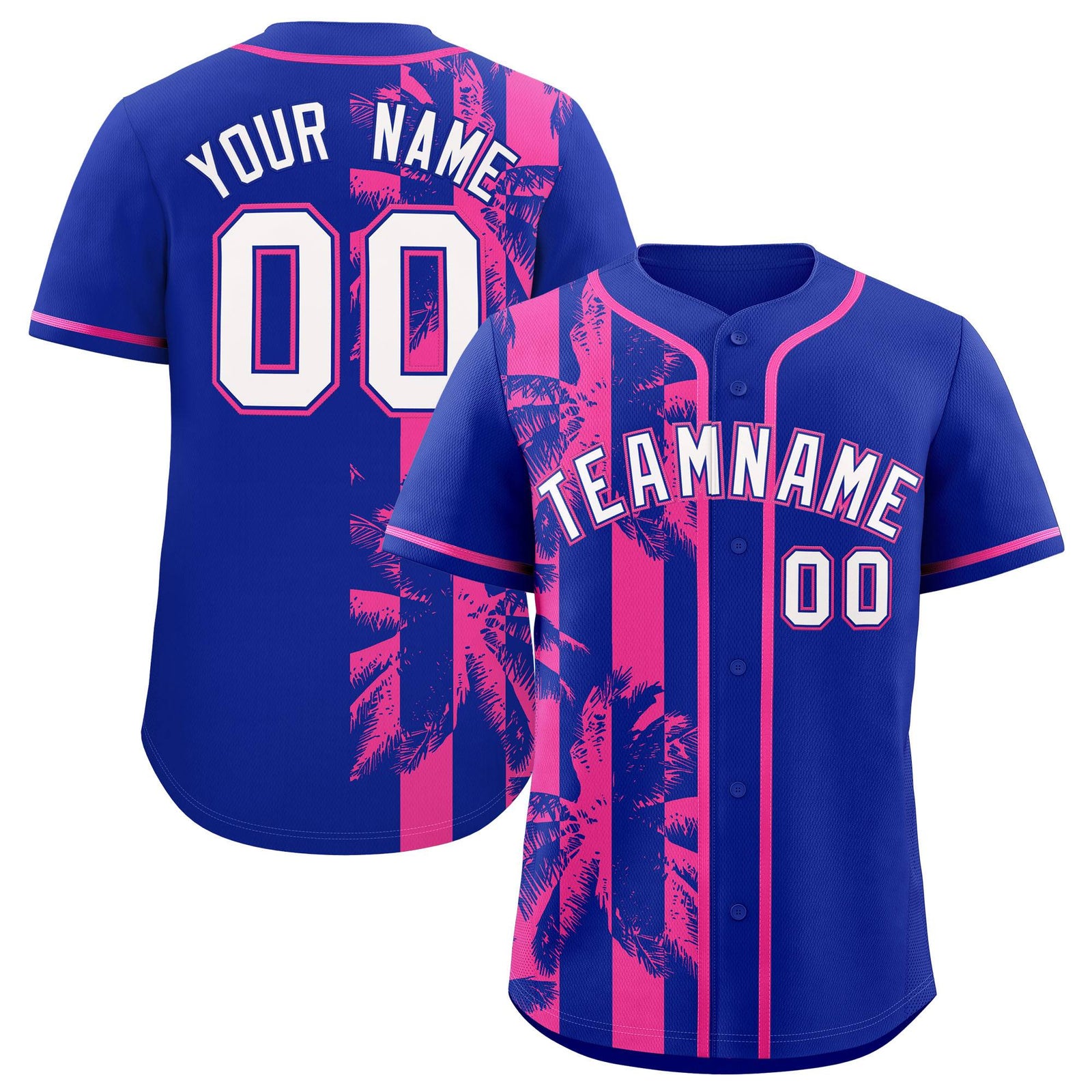 Custom Royal Pink Split Fashion Coconut Tree Design Authentic Baseball Jersey
