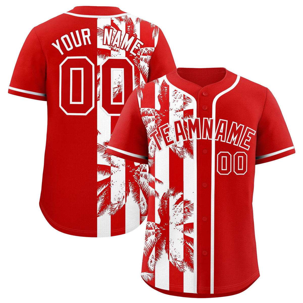 Custom Red White Split Fashion Coconut Tree Design Authentic Baseball Jersey