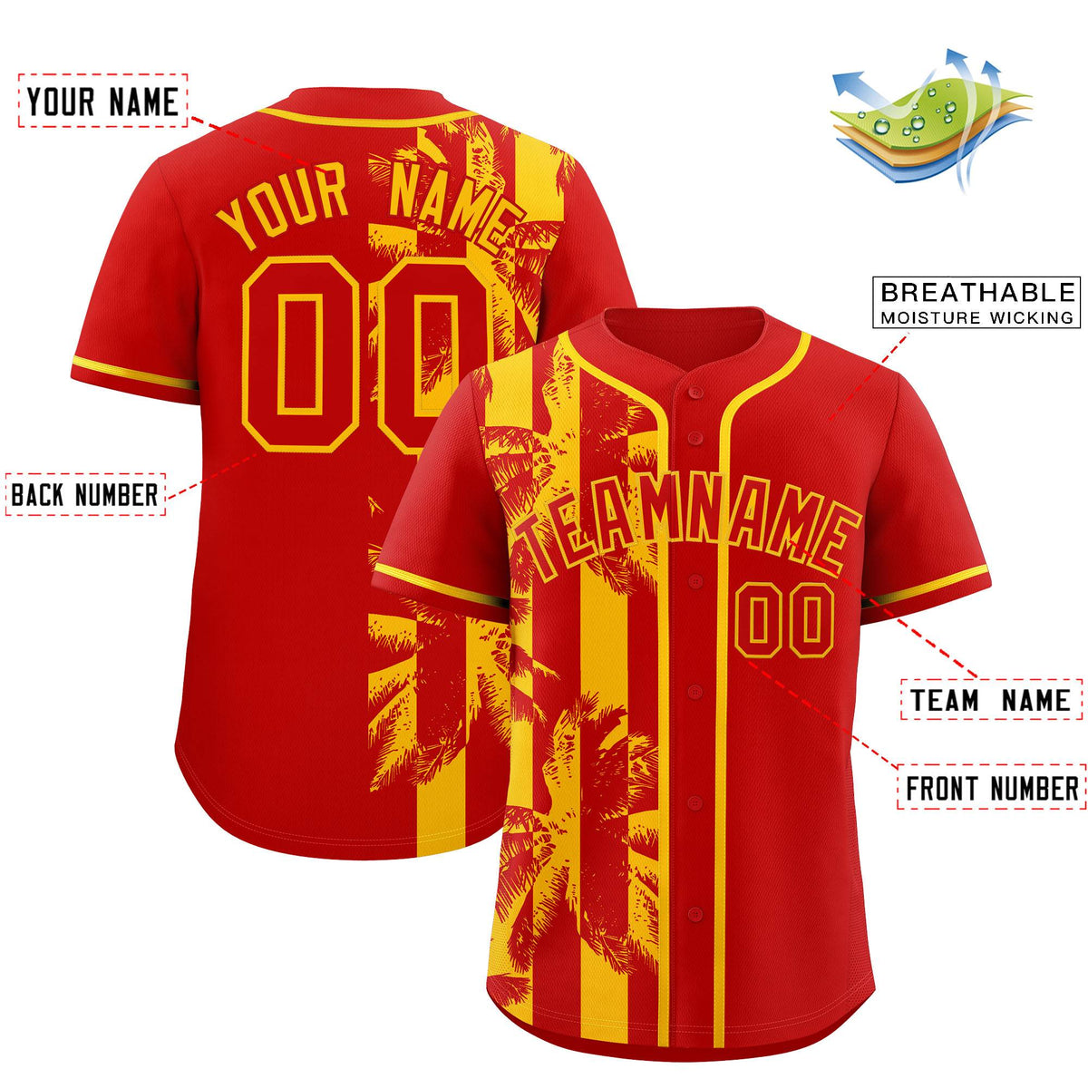 Custom Red Yellow Split Fashion Coconut Tree Design Authentic Baseball Jersey