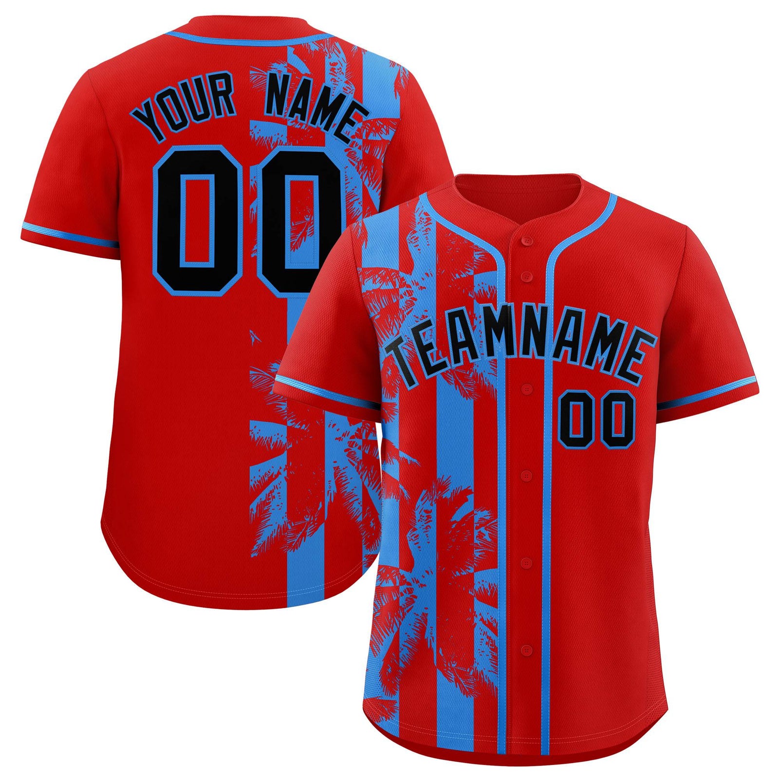 Custom Red Powder Blue Split Fashion Coconut Tree Design Authentic Baseball Jersey