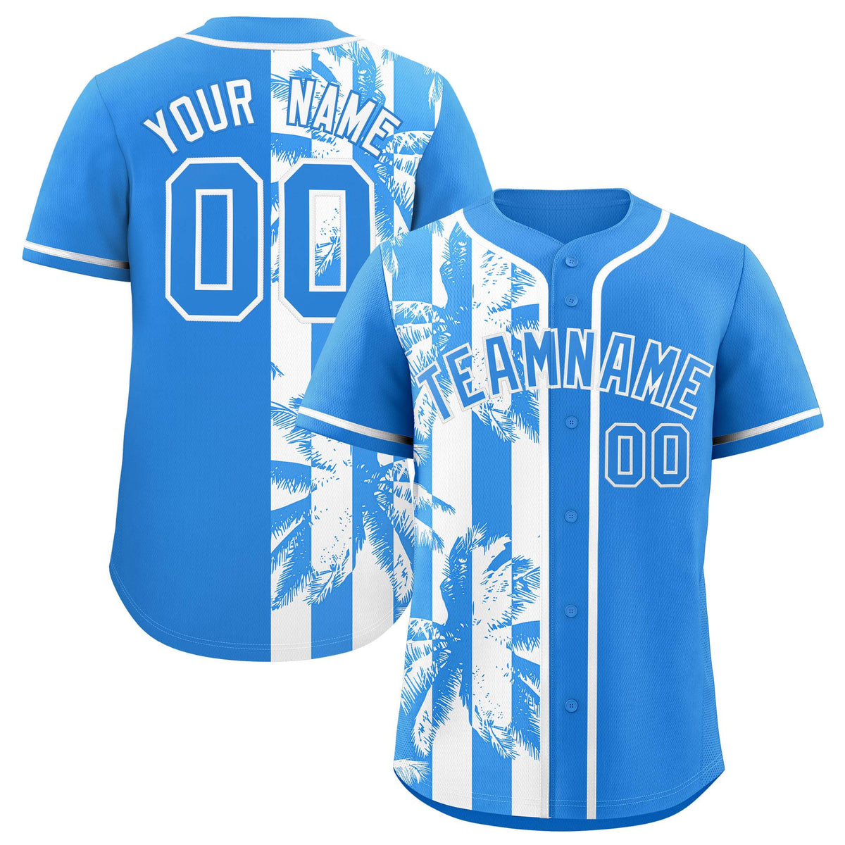 Custom Powder Blue White Split Fashion Coconut Tree Design Authentic Baseball Jersey