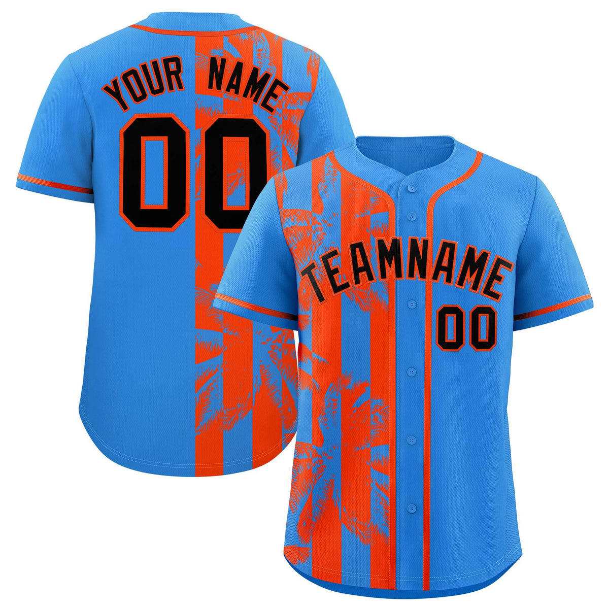 Custom Powder Blue Orange Split Fashion Coconut Tree Design Authentic Baseball Jersey
