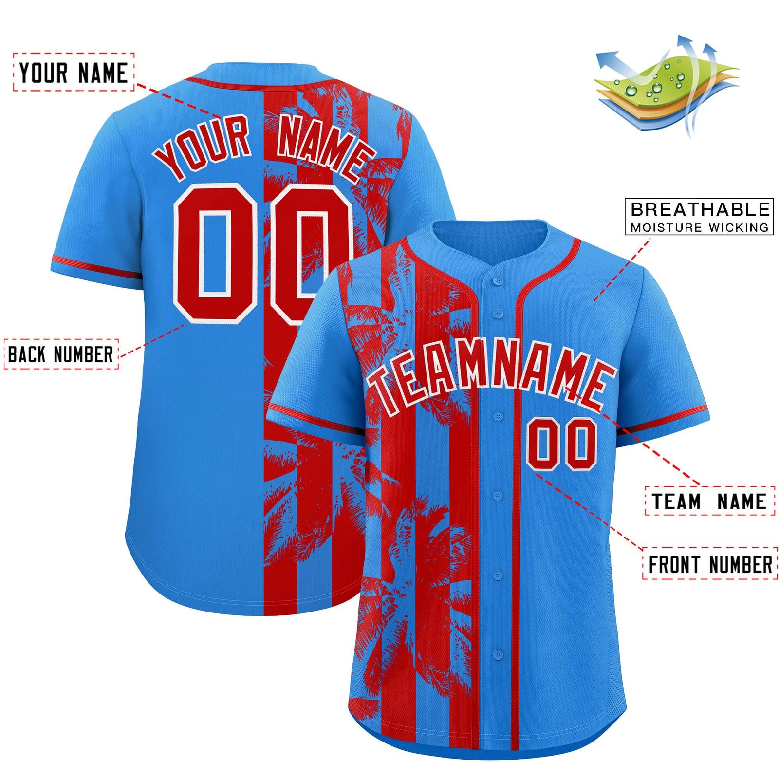 Custom Powder Blue Red Split Fashion Coconut Tree Design Authentic Baseball Jersey