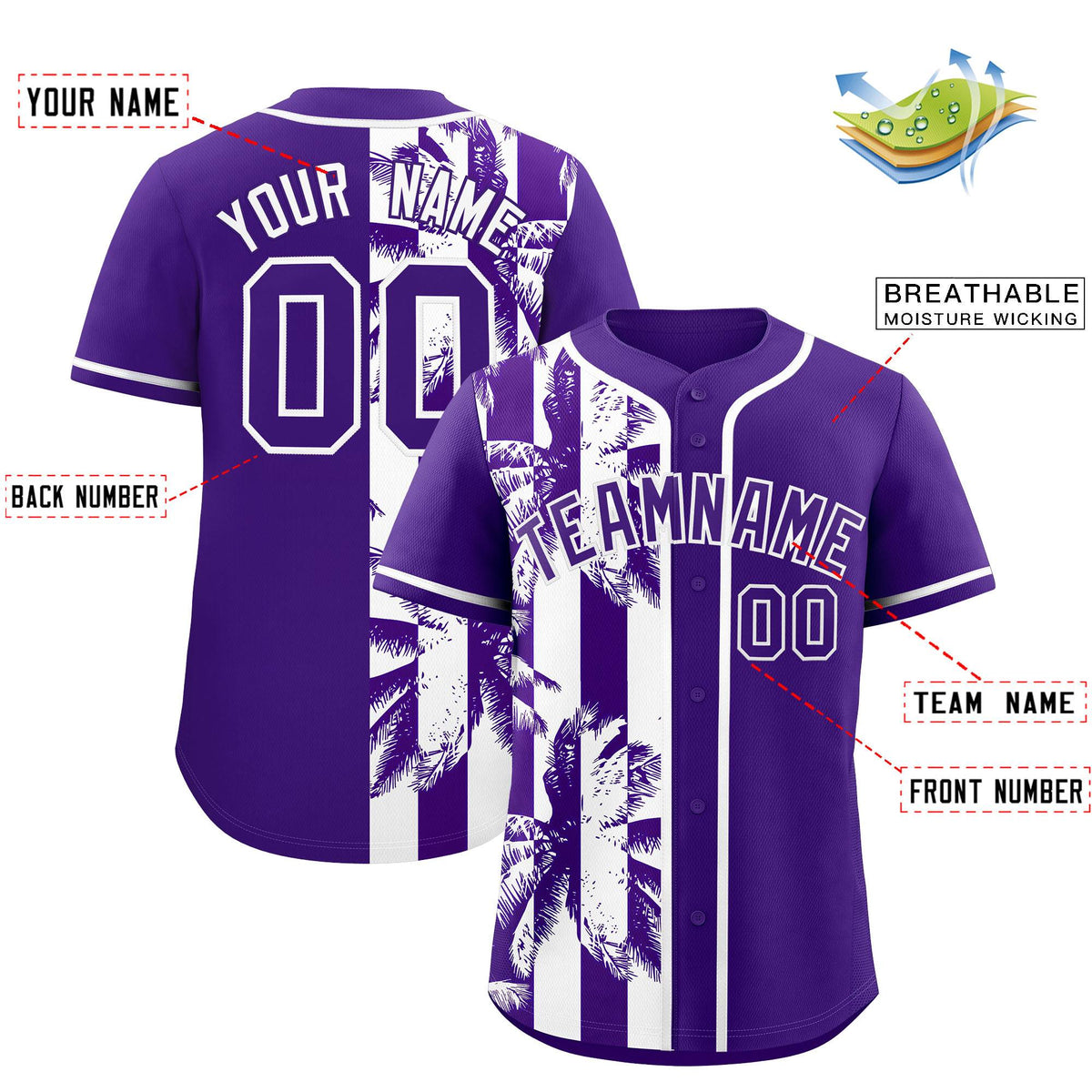 Custom Purple White Split Fashion Coconut Tree Design Authentic Baseball Jersey