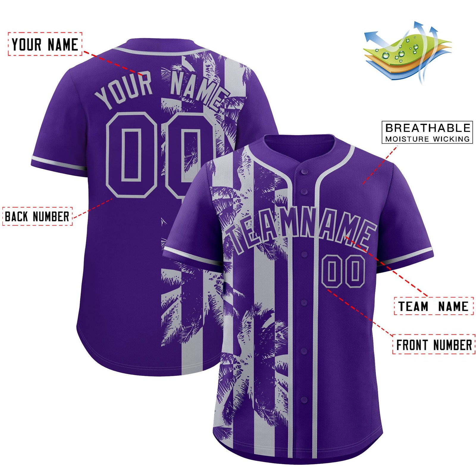 Custom Purple Gray Split Fashion Coconut Tree Design Authentic Baseball Jersey