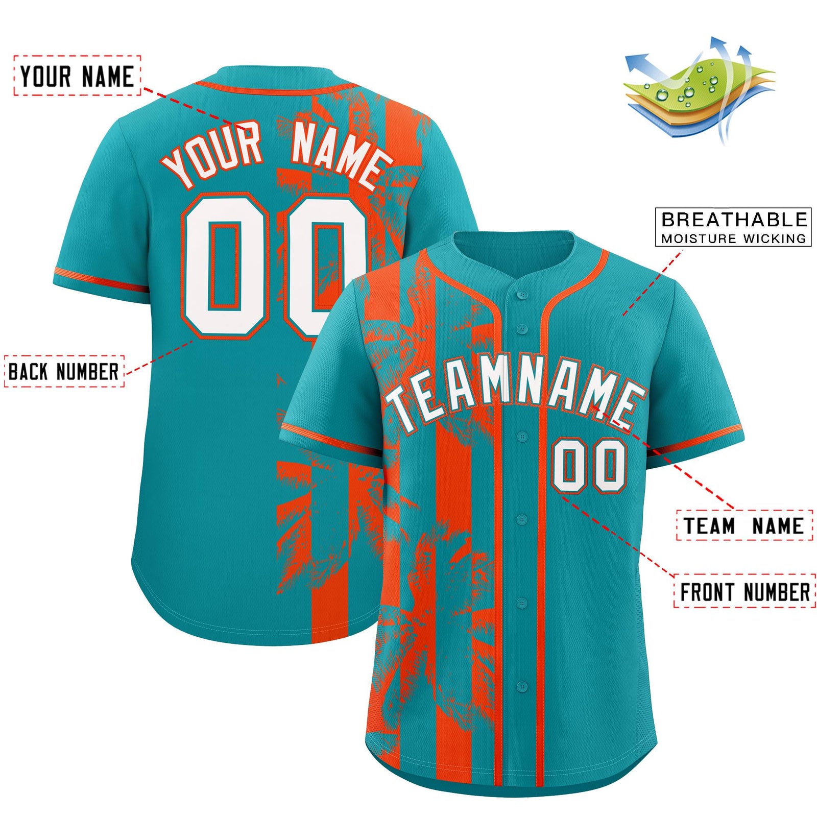Custom Aqua Orange Split Fashion Coconut Tree Design Authentic Baseball Jersey