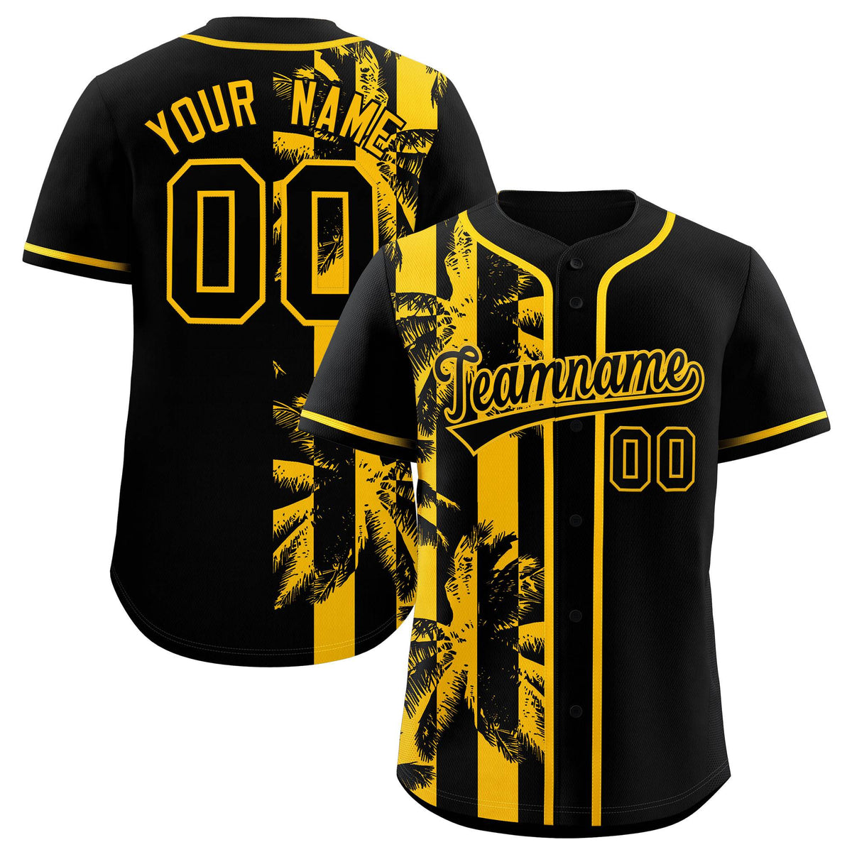 Custom Black Yellow Split Fashion Coconut Tree Design Authentic Baseball Jersey
