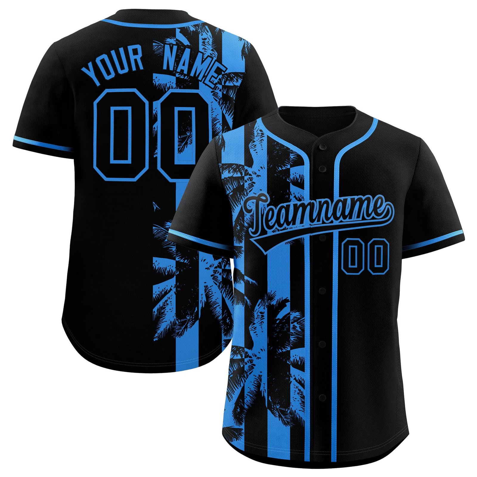 Custom Black Powder Blue Split Fashion Coconut Tree Design Authentic Baseball Jersey