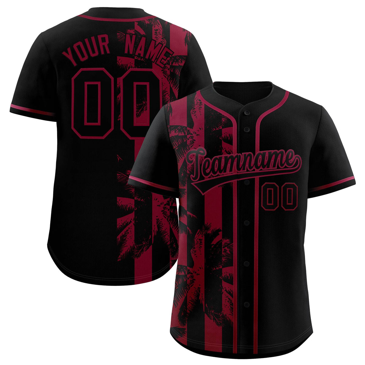Custom Black Crimson Split Fashion Coconut Tree Design Authentic Baseball Jersey