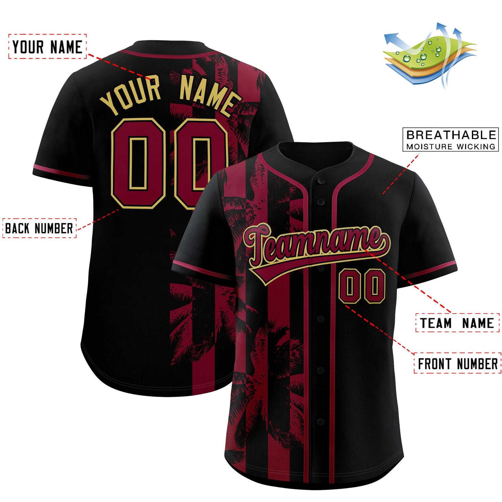 Custom Black Crimson Split Fashion Coconut Tree Design Authentic Baseball Jersey