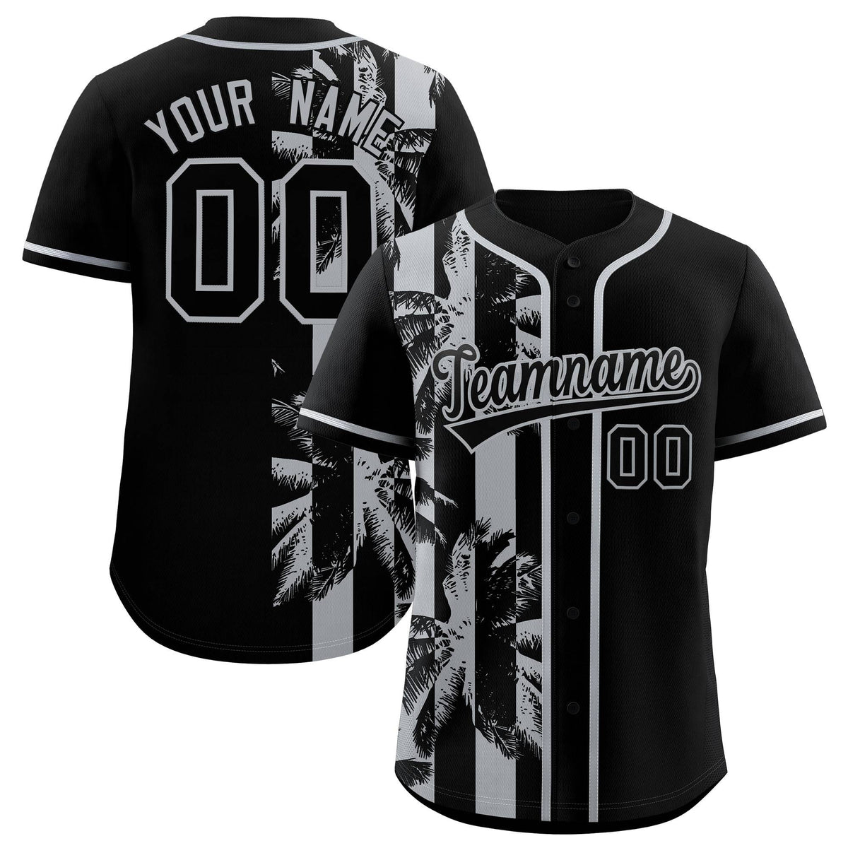 Custom Black Gray Split Fashion Coconut Tree Design Authentic Baseball Jersey