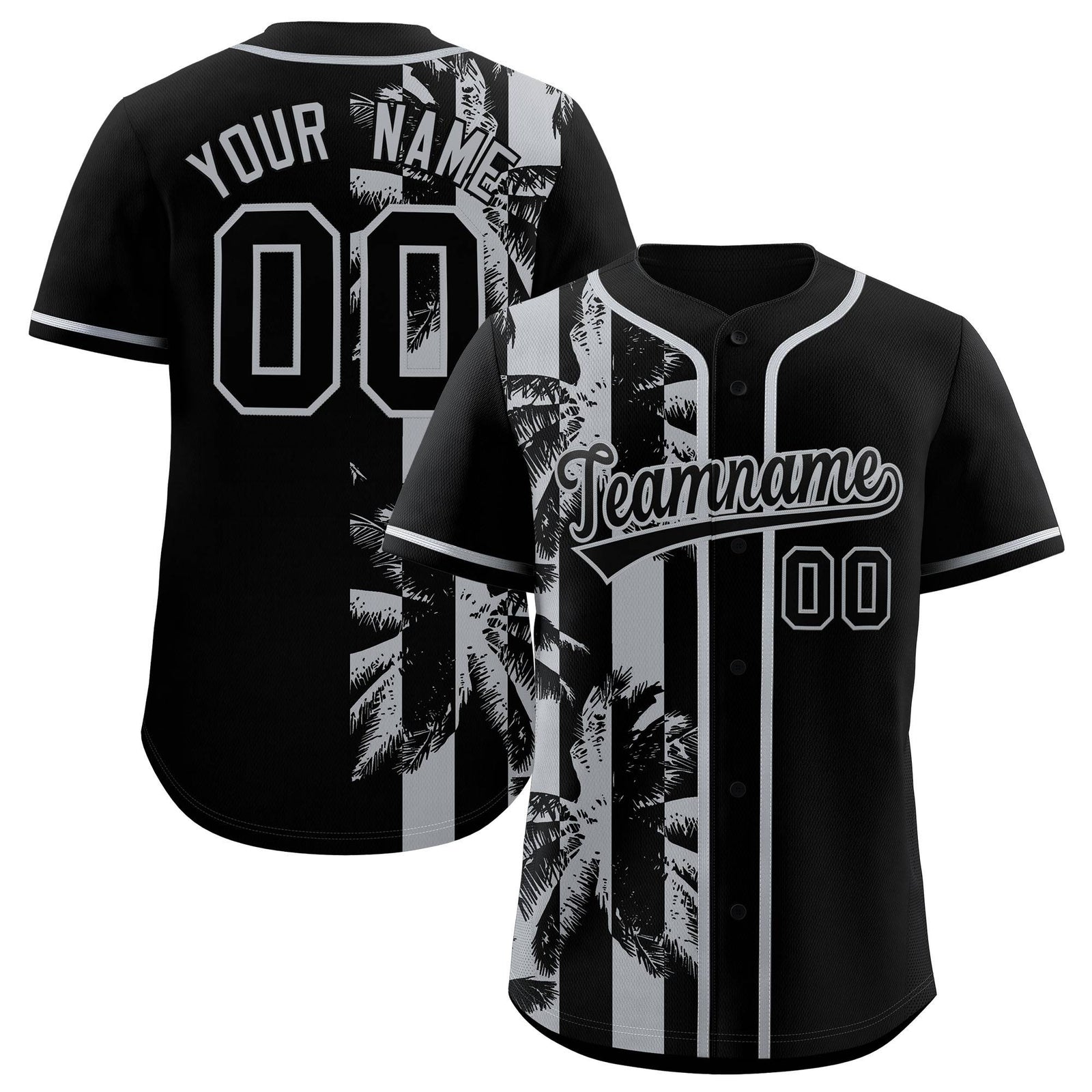 Custom Black Gray Split Fashion Coconut Tree Design Authentic Baseball Jersey