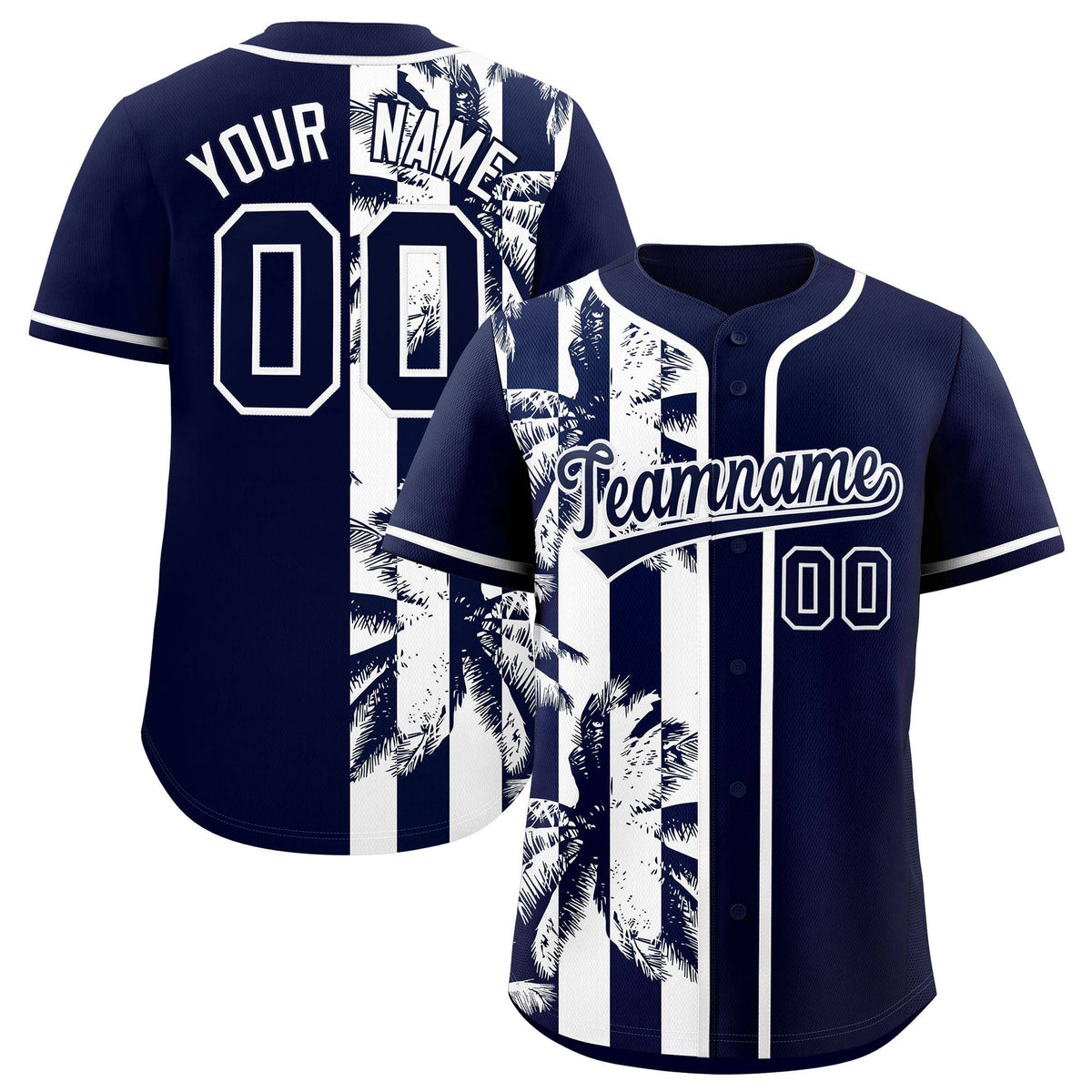 Custom Navy White Split Fashion Coconut Tree Design Authentic Baseball Jersey