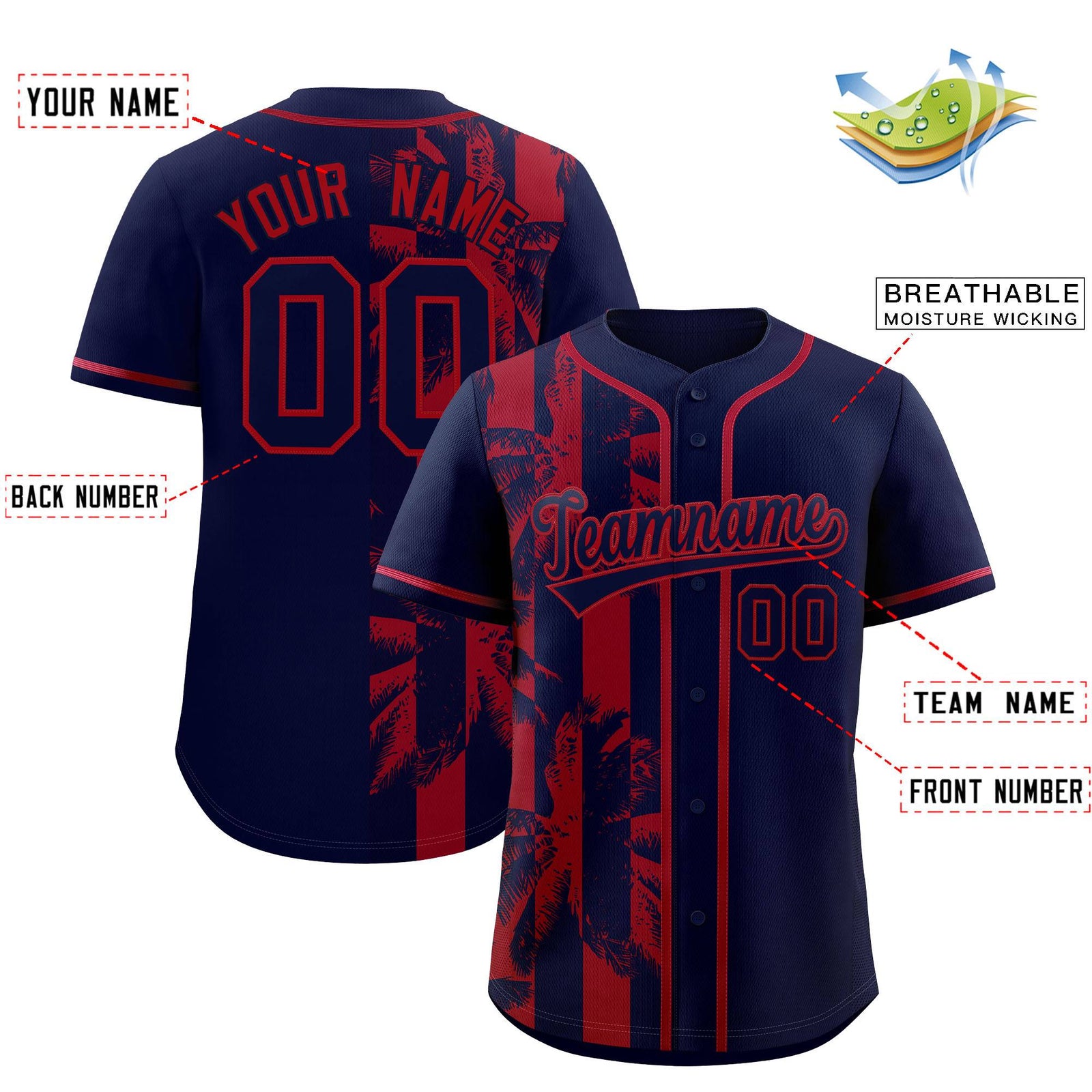 Custom Navy Red Split Fashion Coconut Tree Design Authentic Baseball Jersey