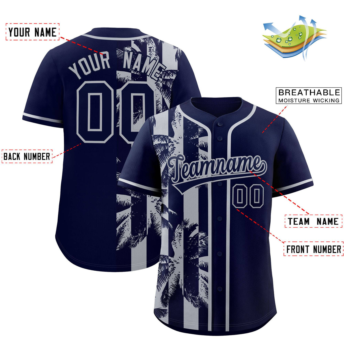 Custom Navy Gray Split Fashion Coconut Tree Design Authentic Baseball Jersey