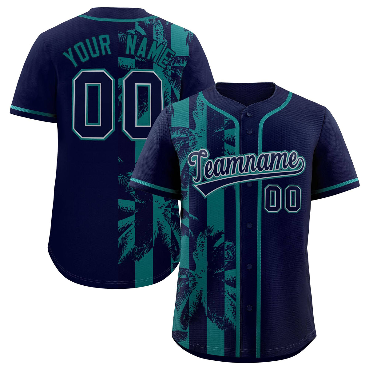 Custom Navy Aqua Split Fashion Coconut Tree Design Authentic Baseball Jersey