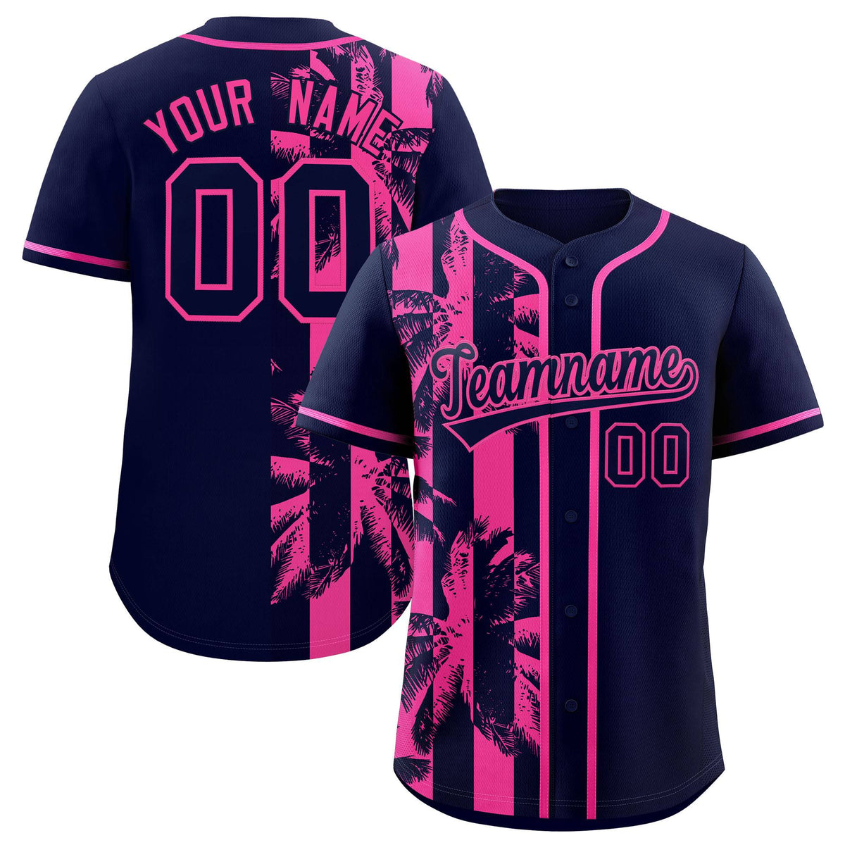 Custom Navy Pink Split Fashion Coconut Tree Design Authentic Baseball Jersey