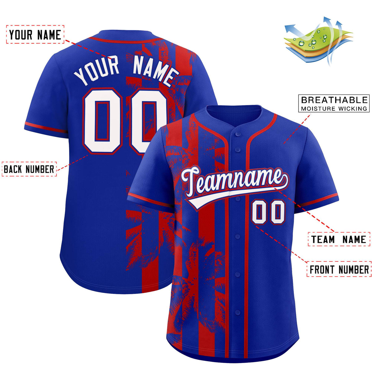 Custom Royal Red Split Fashion Coconut Tree Design Authentic Baseball Jersey