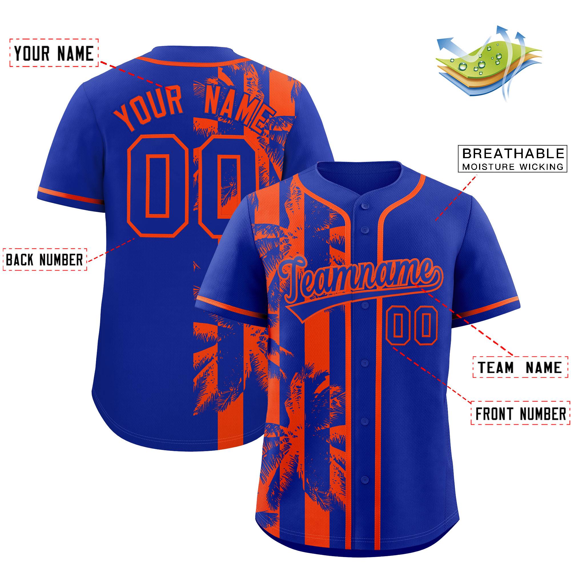 Custom Royal Orange Split Fashion Coconut Tree Design Authentic Baseball Jersey