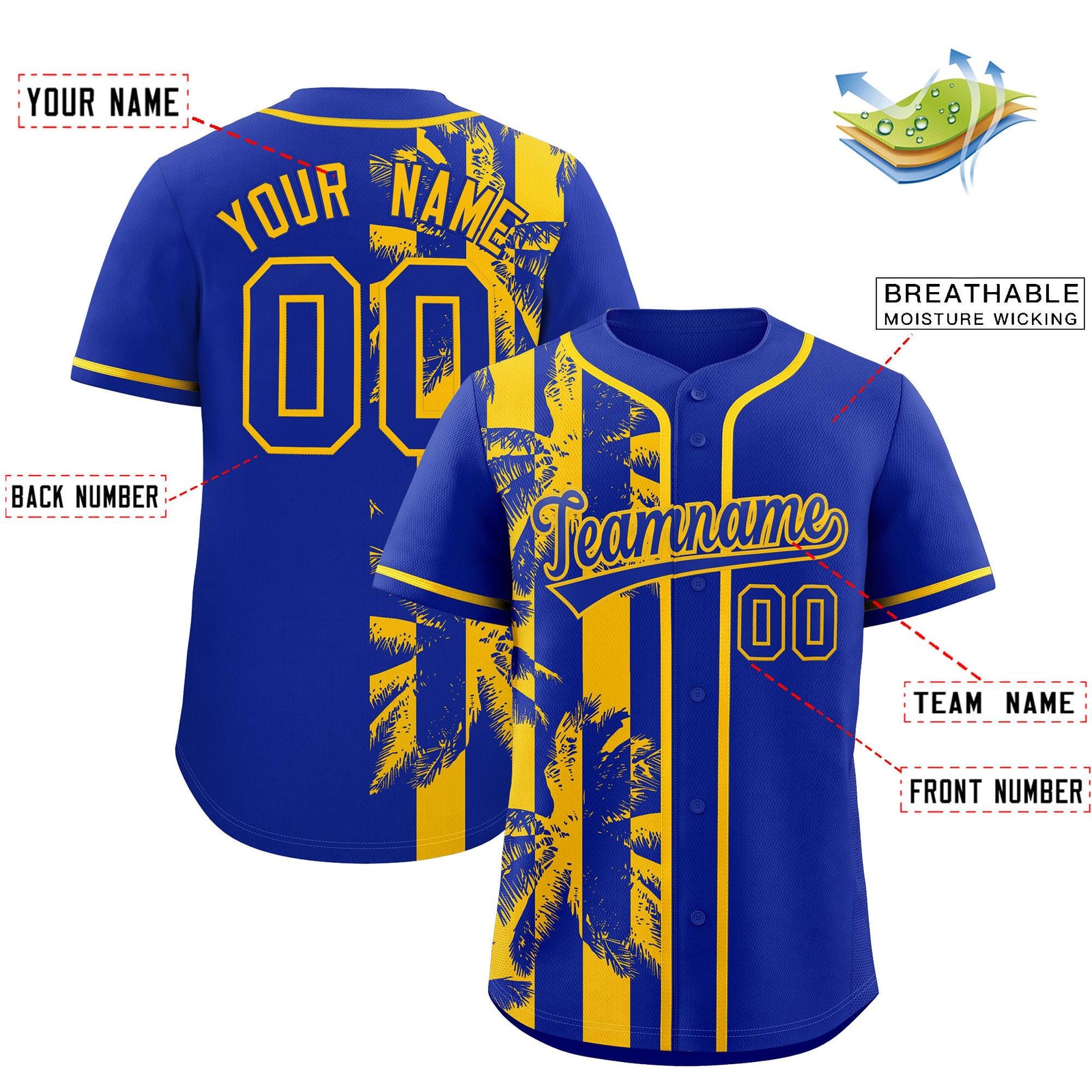 Custom Royal Yellow Split Fashion Coconut Tree Design Authentic Baseball Jersey